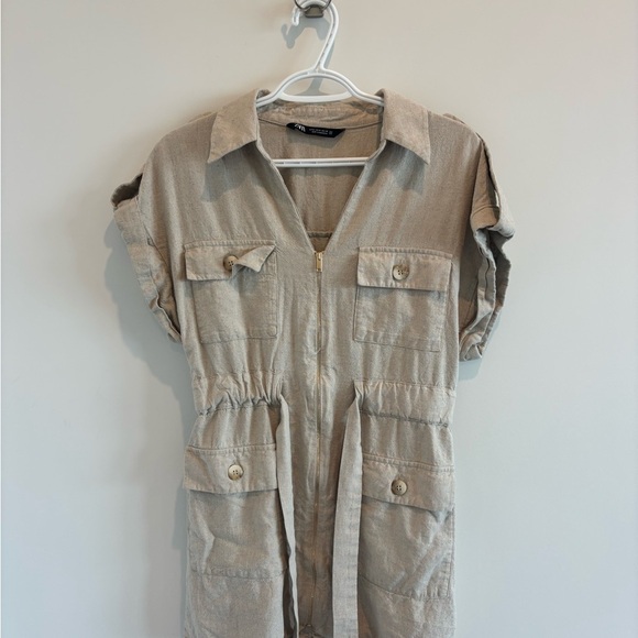 Zara Beige Linen Cargo Dress - Picture 2 of 5